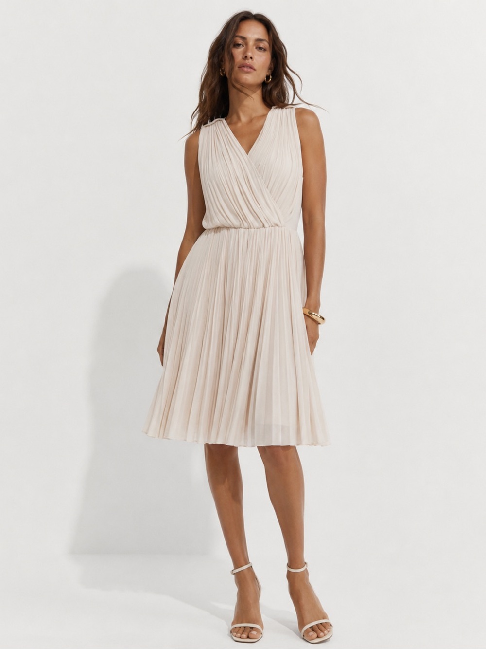 Soma Champagne Pleated Grecian Chiffon Dress Size M/L